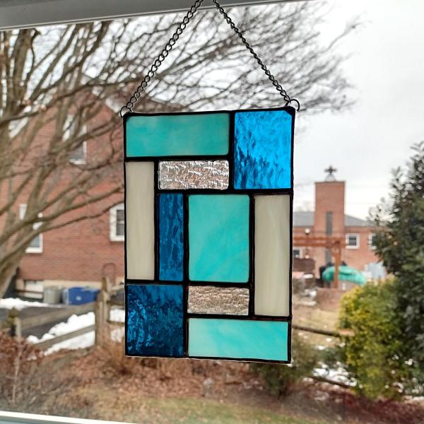 Aqua Blue Geometric Stained Glass Panel Suncatcher, Mondrian Stained Glass Art, Custom Colors Available