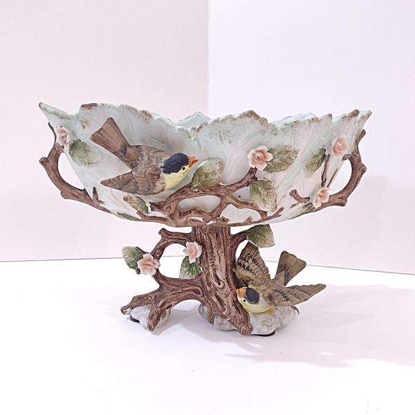 Vintage Ardalt Lenwile China Hand Painted Ceramic Bisque Planter Bowl with Birds, Pink Roses, and Tree Theme