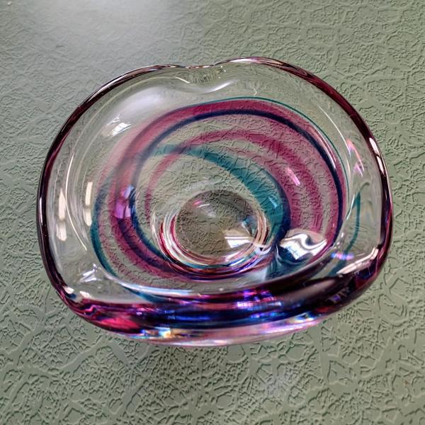 Vintage Signed Maastricht Blown Glass Ash Tray, Blue and Pink Bowl, Midcentury Modern Art Glass