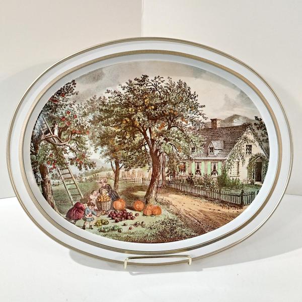 Vintage Currier and Ives American Homestead Autumn Oval Metal Serving Tray