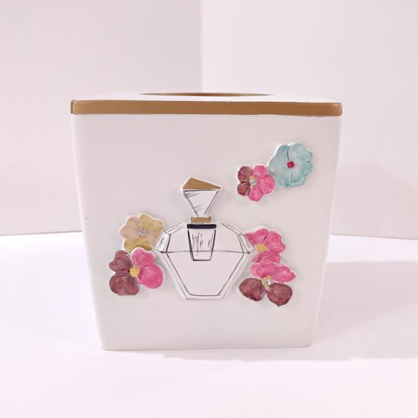 Vintage Avanti Dream Big Tissue Box Cover Holder, Perfume Bottle and Flowers Design Bathroom Decor