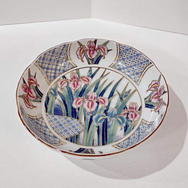Vintage Japanese Ayame 6 Inch Porcelain Bowl with Pink, Blue, and Gold Iris Floral Design
