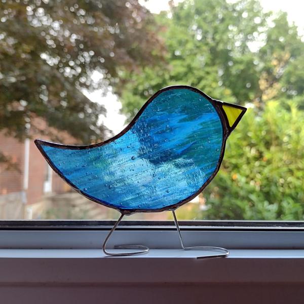 Stained Glass Standing Bird, Blue and White Wispy
