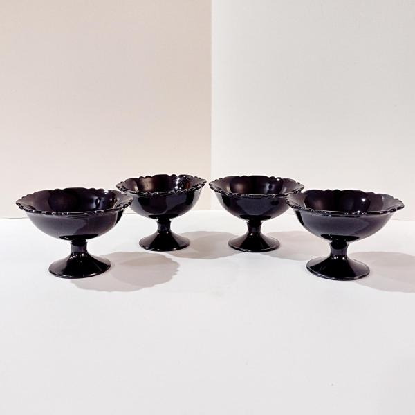 Vintage L.E. Smith Mt Pleasant Black Amethyst Glass Footed Dessert Coupes, Set of 4, Black Amethyst Depression Glass