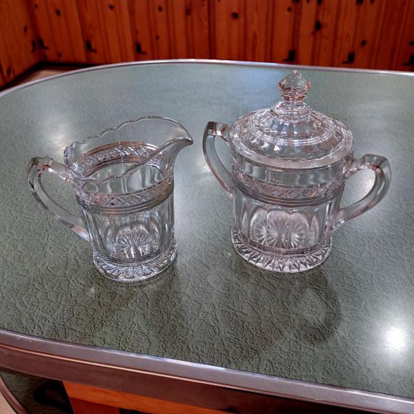 Antique Indiana Glass Covered Sugar Bowl and Creamer Set, Star Band Pattern