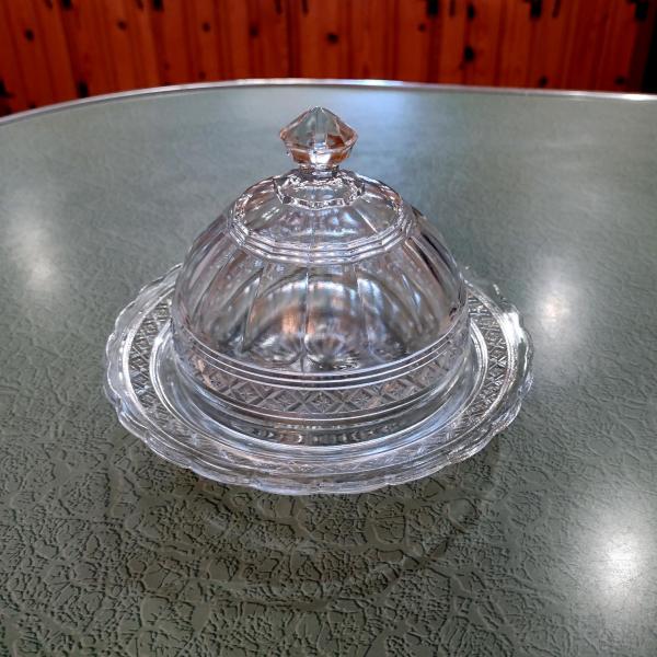 Antique Indiana Glass Round Covered Butter Dish, Star Band Pattern, EAPG Glassware