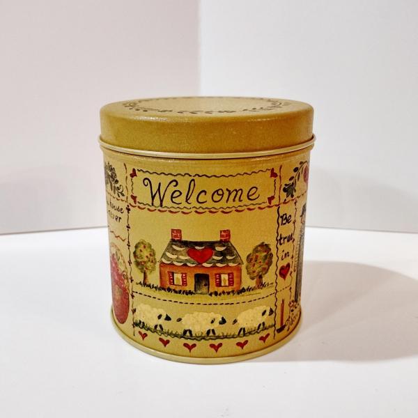 Vintage Helen Barrick Folk Art Round Tin, Welcome Home Country Cottage Storage Tin