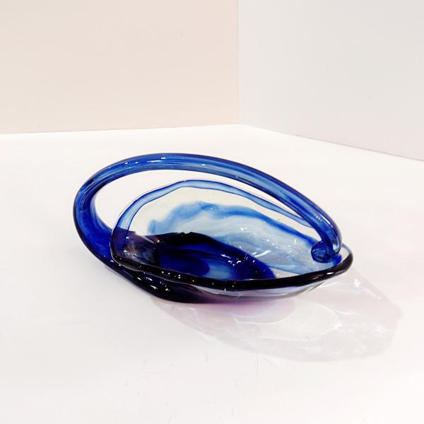Vintage Blown Glass Basket Bowl, Blue and Clear Glass Jewelry Trinket Dish