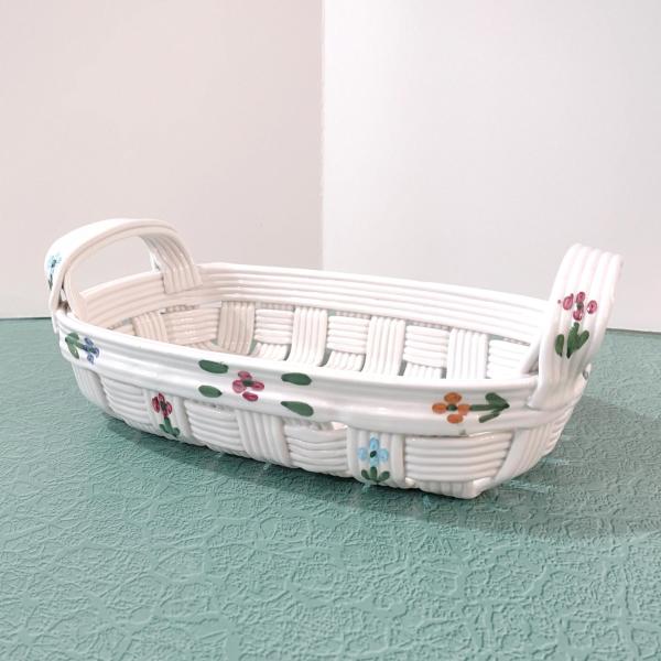 Vintage Ceramic Woven Basket with Hand Painted Flowers, Bread Basket, Mail Bin