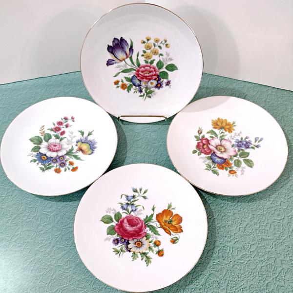Vintage Bareuther Waldsassen Bavaria Germany Floral Dessert Salad Appetizer Plates, Set of 4, Bavarian Porcelain Flower Plates
