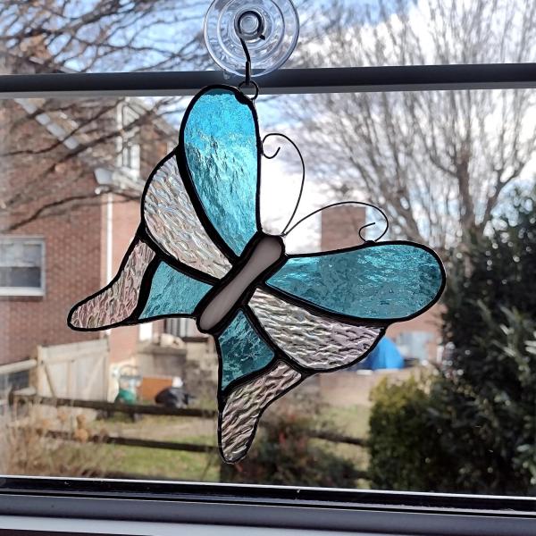Stained Glass Butterfly Suncatcher, Aqua Blue and Iridescent Clear Cathedral Glass, Custom Colors Available