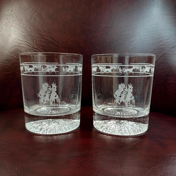 Set of Two Vintage Blue Bonnets Raceway Rocks Whiskey Glasses, Harness Racing / Horse Racing Collectible Memorabilia 
