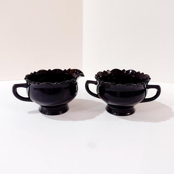 Vintage L.E. Smith Mt. Pleasant Black Amethyst Glass Footed Creamer and Open Sugar Bowl Set, Black Amethyst Depression Glass