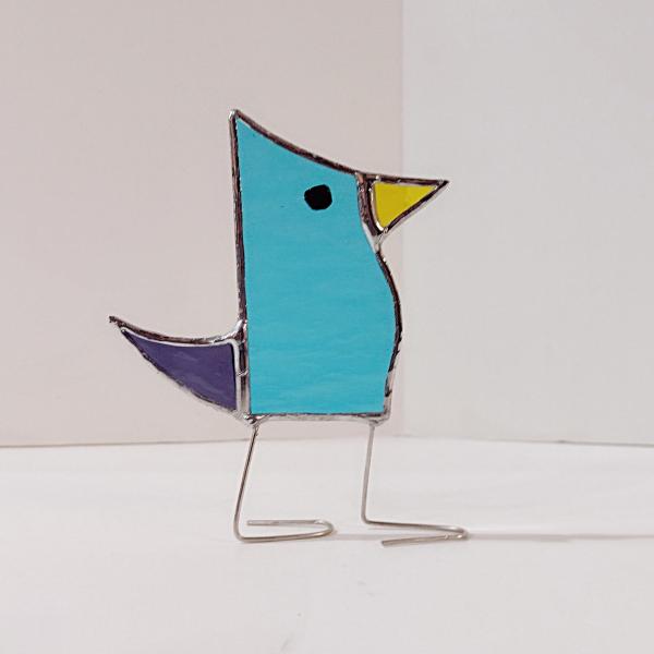 Stained Glass Standing Bird, Funky Glass Bird, Aqua Blue Bird Suncatcher