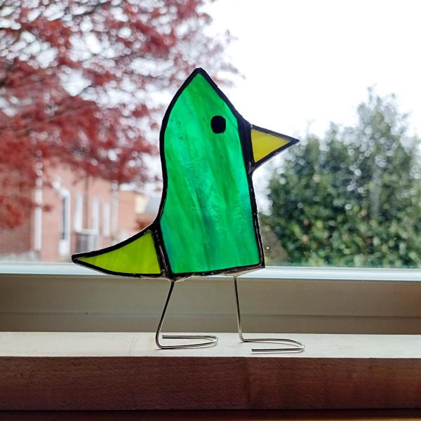 Stained Glass Standing Bird, Funky Glass Bird, Green Bird Suncatcher