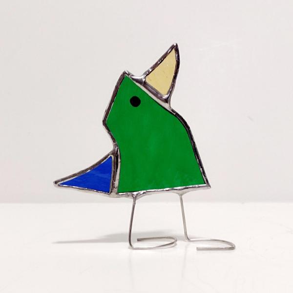 Stained Glass Standing Bird, Funky Glass Bird, Green and Blue Bird Suncatcher