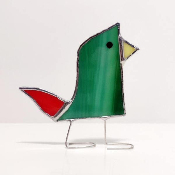 Stained Glass Standing Bird, Funky Glass Bird, Green and Red Bird Suncatcher
