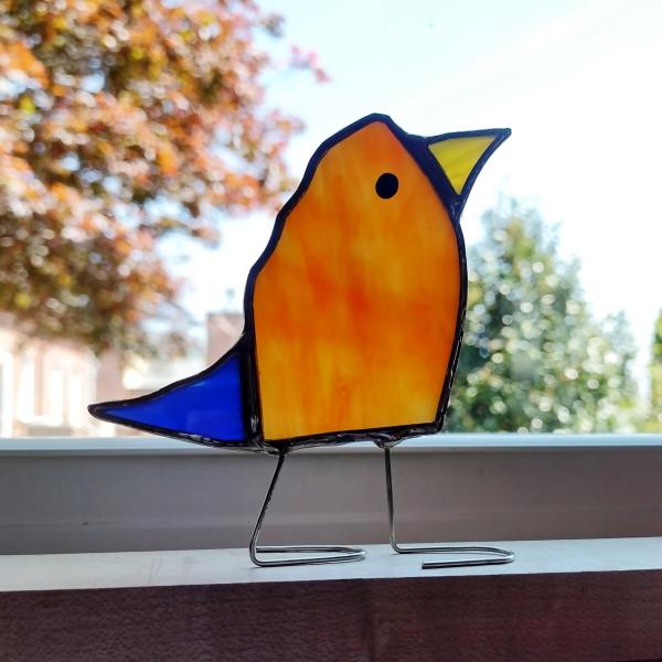 Stained Glass Standing Bird, Funky Glass Bird, Orange and Blue Bird Suncatcher