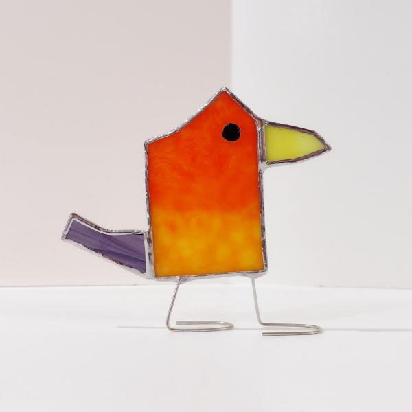 Stained Glass Standing Bird, Funky Glass Bird, Orange and Purple Bird Suncatcher, Mother's Day Gift