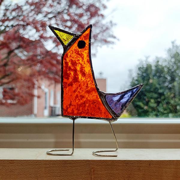 Stained Glass Standing Bird, Funky Glass Bird, Orange Bird Suncatcher