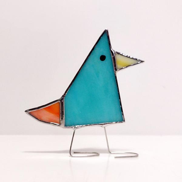 Stained Glass Standing Bird, Funky Glass Bird, Aqua Blue Bird Suncatcher