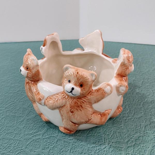 Vintage Dancing Teddy Bear Ceramic Planter Pot, Children's Room Trinket Bowl