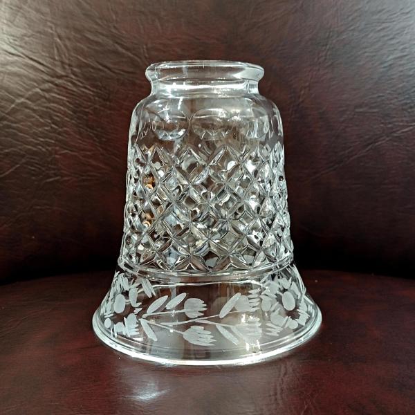 Vintage Diamond Cut Glass and Floral Etched Bell Glass Lamp Shade, Replacement Bell Shaped Shade