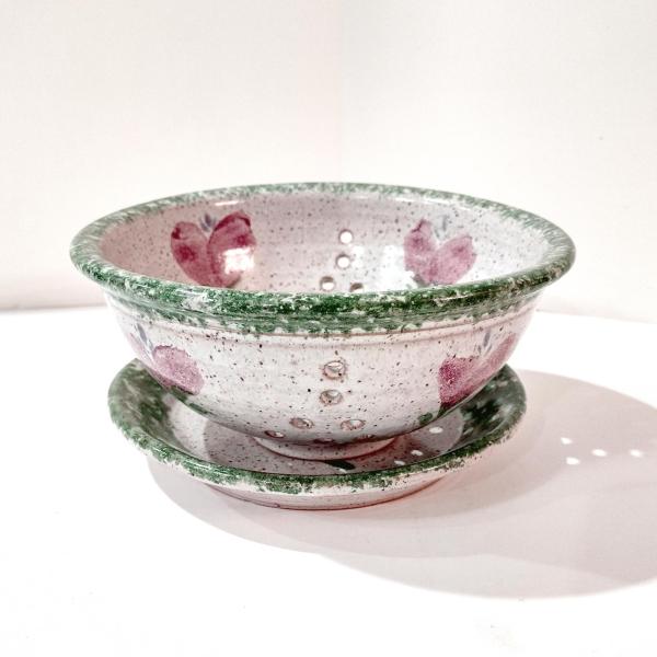 Vintage Ceramic Hand Painted Floral Green Spongeware Berry Bowl and Plate Set, Small Ceramic Colander / Strainer