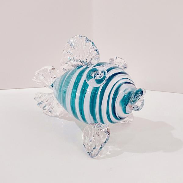 Vintage Hand Blown Glass Murano Style Fish, Aqua Turquoise Blue and Clear Swirled Glass Fish