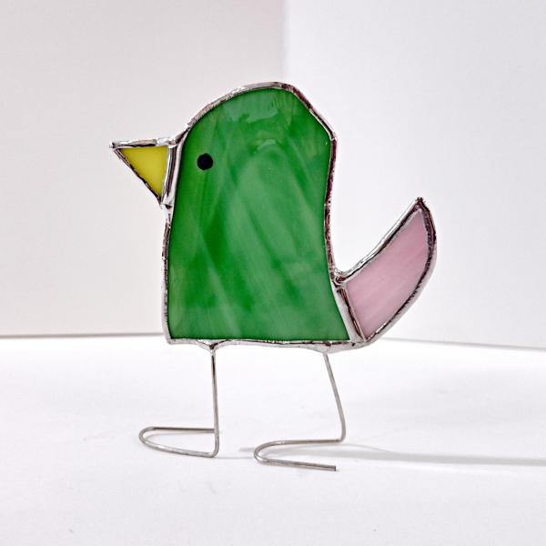 Stained Glass Standing Bird, Funky Green and Pink Glass Bird Suncatcher, Bird Lover Gift, Windowsill Sitter