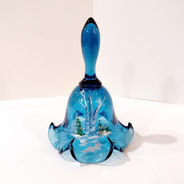 Vintage Hand Painted Signed Fenton Glass Bell, Silver Birch on Indigo Blue Pattern Decorative Bell