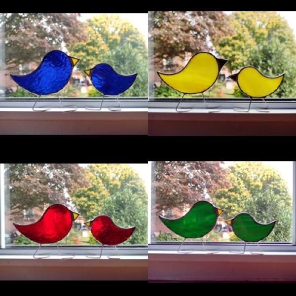 Momma and Baby Standing Stained Glass Bird Set, Custom Colors Available