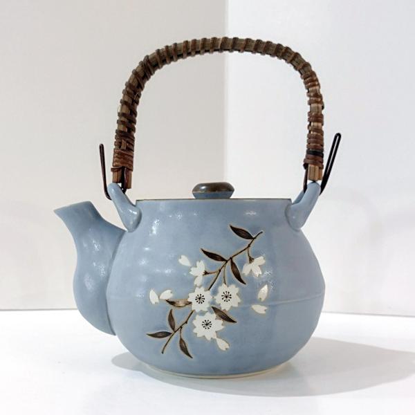 Vintage Blue Japanese Banko Ware Teapot with Cherry Blossom Design and Wicker Handle