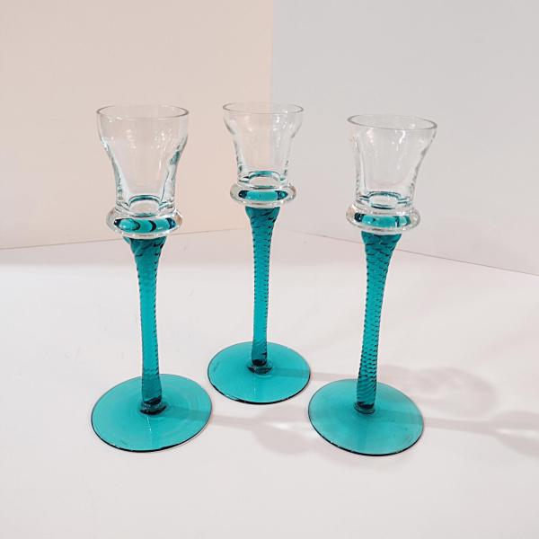 Vintage Blue Blown Glass Tall Candle Holders, Set of 3