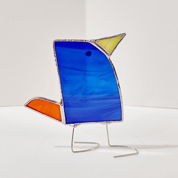 Stained Glass Standing Bird, Funky Blue and Orange Glass Bird Suncatcher, Bird Lover Gift