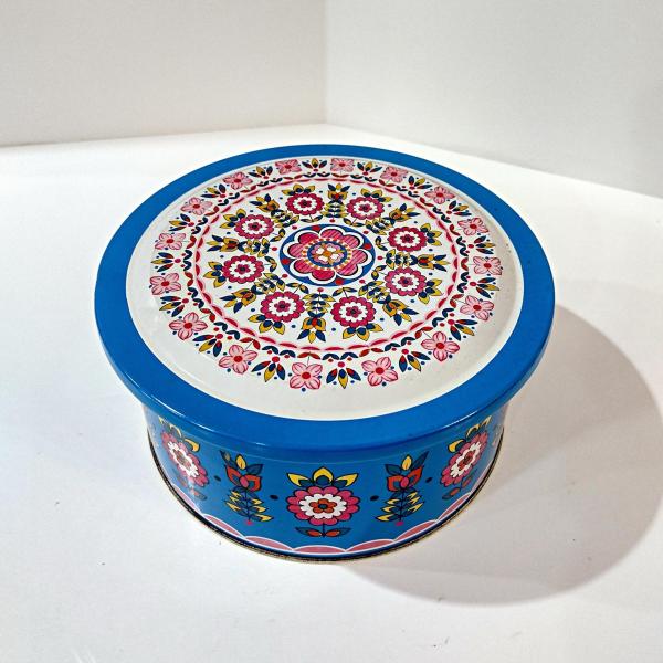 Vintage Blue and Pink Mosaic Mandala Flowers Round Metal Tin Storage Container, Brazilian Floral Gift Tin