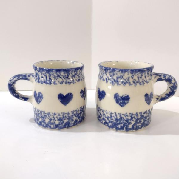 Vintage Blue Spongeware Coffee Tea Mugs, Set of Two, Workshops of Gerald E Henn Pottery, Roseville Spongeware Pottery
