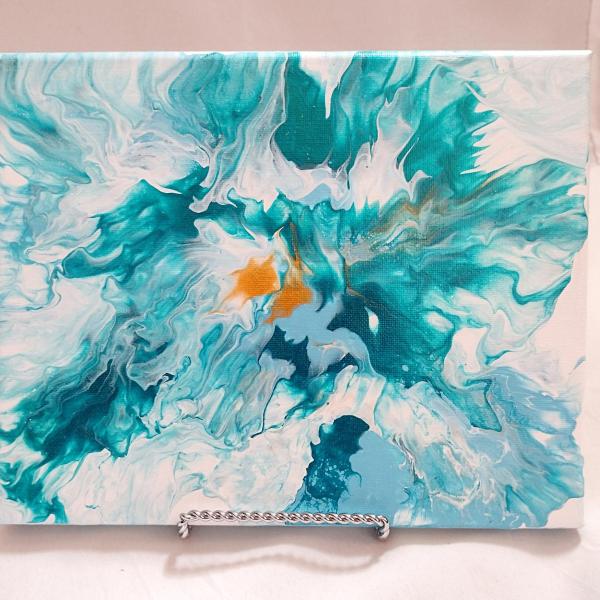 Blue and Gold Feathers Abstract Original Acrylic Pour Painting, 8 x 10,  Fluid Art Painting