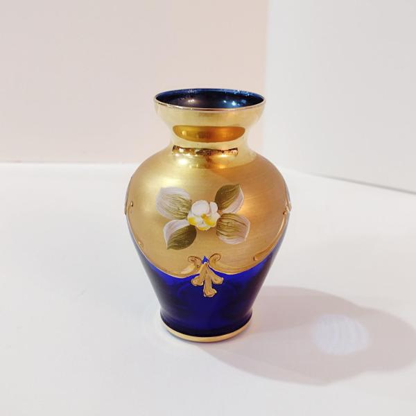 Vintage Bohemian Czech Cobalt Blue and Gold Hand Painted Small Vase