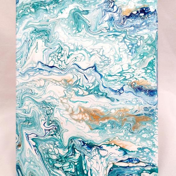 Blue and Gold Abstract Original Acrylic Pour Painting, 9" x 12", Fluid Art Painting