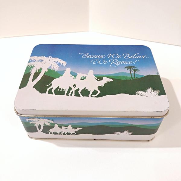 Vintage 1987 Because We Believe We Rejoice Religious Holiday Christmas Tin Container Storage Box, Christmas Gift Cookie Tin
