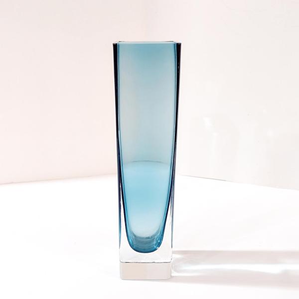 Vintage MCM Smoky Teal Blue Tall Straight Blown Glass Vase