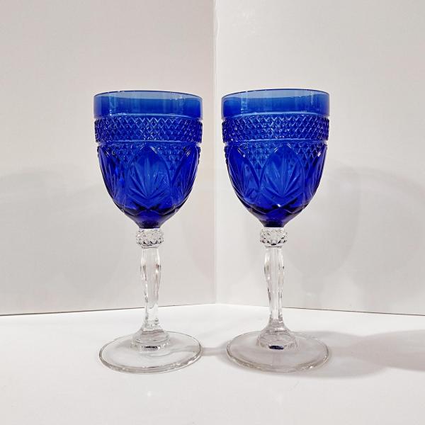 Vintage Cristal D'Arques Antique Sapphire Blue Wine Glasses Water Goblets, Set of Two