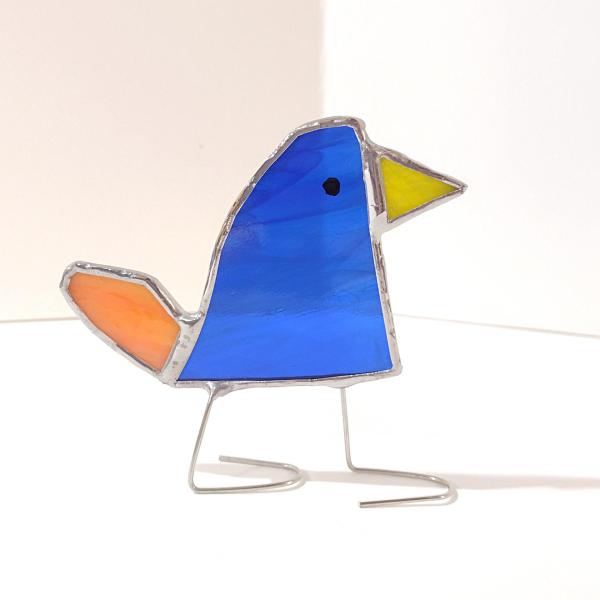 Stained Glass Standing Bird, Funky Blue and Orange Glass Bird Suncatcher, Bird Lover Gift, Windowsill Sitter