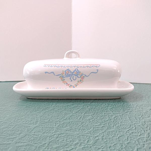 Vintage Blue Bows and Ribbons Country Farmhouse Ceramic Butter Dish