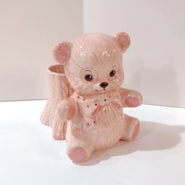 Vintage Pink Teddy Bear and Tree Trunk Ceramic Planter, Child's Room Decor Caddy / Holder