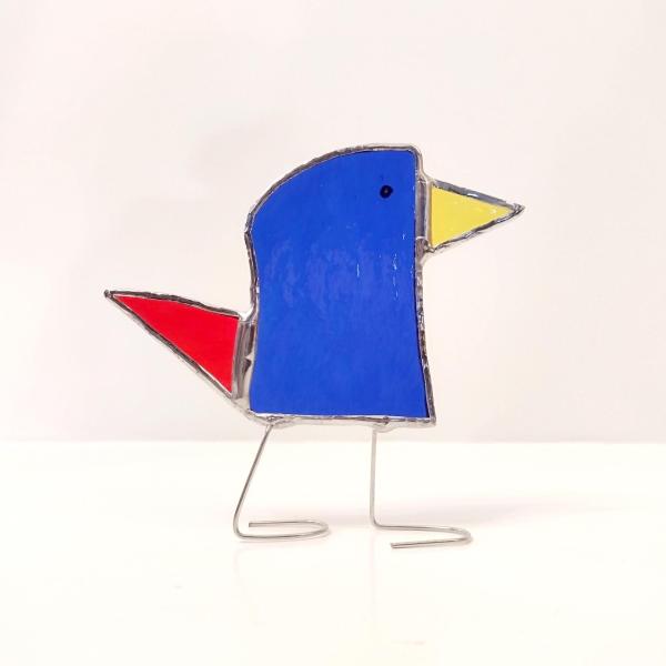 Stained Glass Standing Bird, Funky Glass Bird, Blue and Red Bird Suncatcher, Windowsill Free Standing Bird