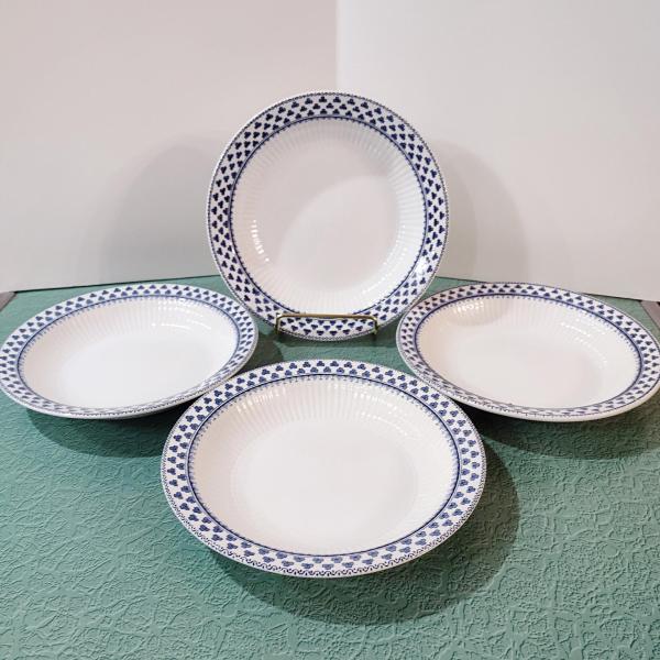 Vintage Adams Brentwood 8" Rimmed Soup Bowls, Set of Four, Real English Ironstone China Blue Clover Pattern, Decorative Plant Trays