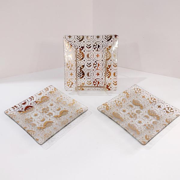 Vintage Signed Georges Briard Gold Leaf Appetizer Plates, Set of Three, Forbidden Fruit Border Pattern, Square Dessert Plates