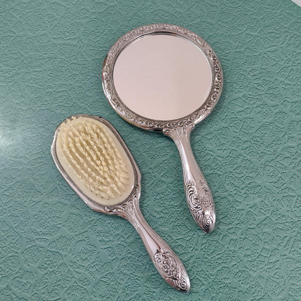 Vintage 1940's Silver Plated Vanity Hand Mirror and Brush Set, Towle Silversmiths Old Master Pattern
